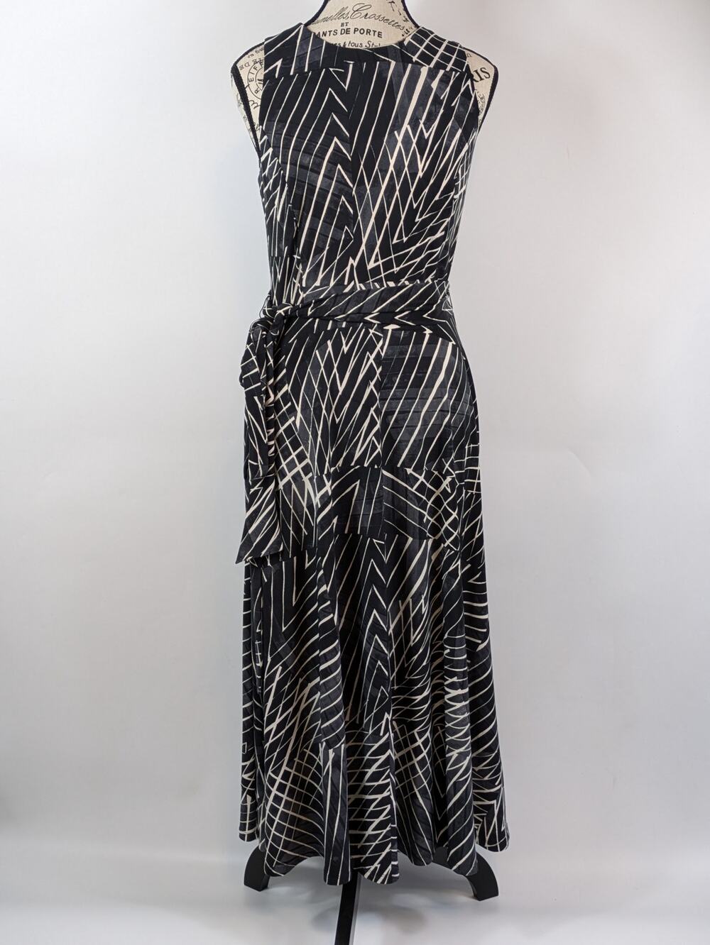 Ralph Lauren Women's Sz 4 Dress Midi Tie Belt Black Slate Cream Print Below Knee